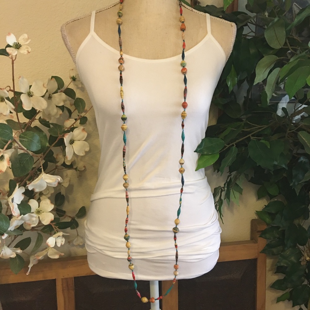 Hand crafted resin coated paper bead long necklace